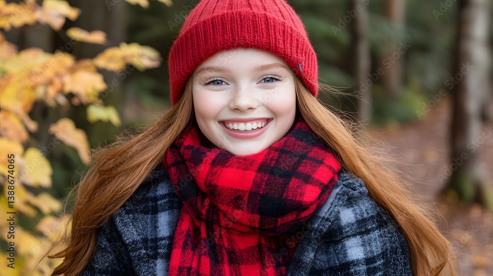 Smiling Girl in Red Knit Hat and Scarf Autumn Forest Smiling Girl in Red Knit Hat and Scarf Autumn Forest