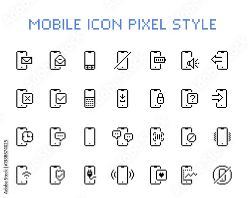 Mobile icon pixel style. Pixel perfect mobile phone icon set on white background
