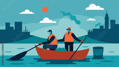 Fishermens Struggle An of fishermen in a small boat looking at empty nets against a backdrop of industrial waste indicating overfishing and changing water conditions.