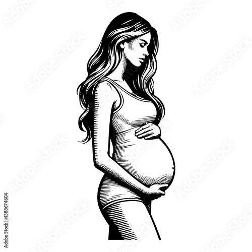 Pregnant woman sketch engraving black and white outline. Scratch board imitation.