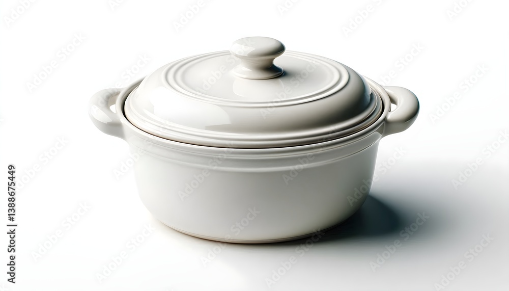 Minimalist oven-safe white ceramic casserole dish with glossy finish. isolated on a clean white background, oven-to-table cookware mockup Minimalist oven-safe white ceramic casserole dish with glossy finish. isolated on a clean white background, oven-to-table cookware mockup