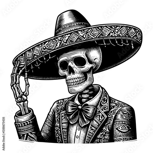 skull wear sombrero hat engraving black and white outline. Scratch board imitation.
