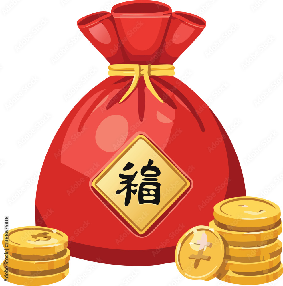 Lucky bags. Cute traditional asian gift with ribbons, holiday festival asian colorful gift bags, decorated with korean symbols