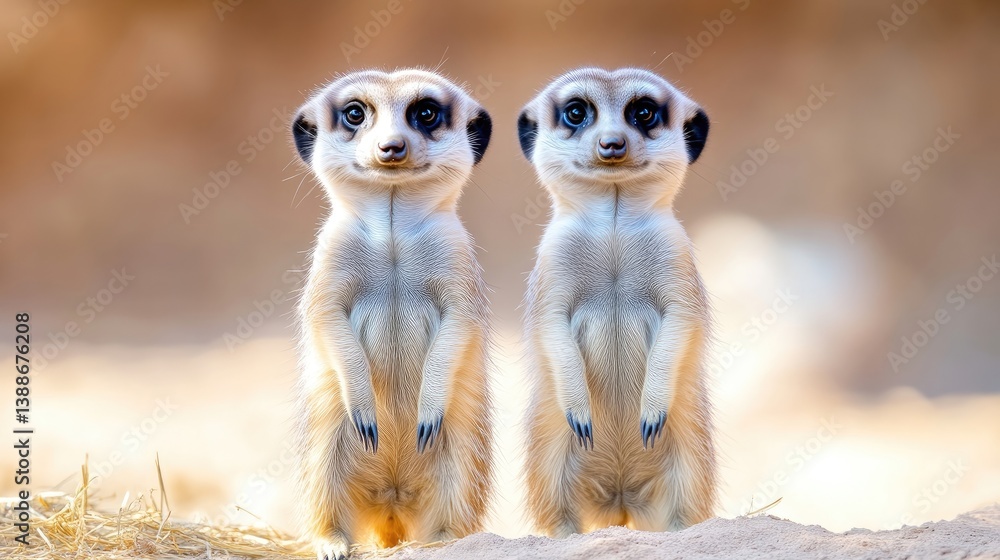 Fototapeta premium Two adorable meerkats standing side by side. They have large, expressive eyes and a cheerful, almost comical expression. The image is well-lit, with a soft focus background.