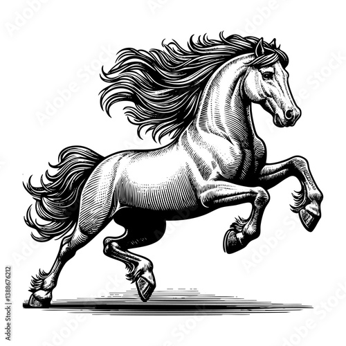 Horse running sketch engraving black and white outline. Scratch board imitation.  illustrated in vintage line art style on a white background.