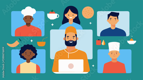 Cultural Exchange Day An illustration showing team members from different backgrounds sharing their cultural traditions and favorite recipes during a video call.