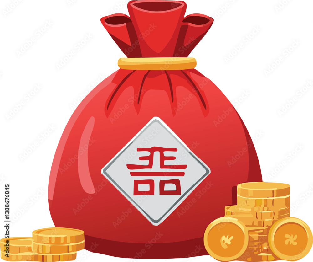 Lucky bags. Cute traditional asian gift with ribbons, holiday festival asian colorful gift bags, decorated with korean symbols