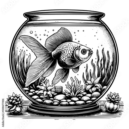 gold fish swim on fishbowl sketch engraving black and white outline. Scratch board imitation.  illustrated in vintage line art style on a white background.
