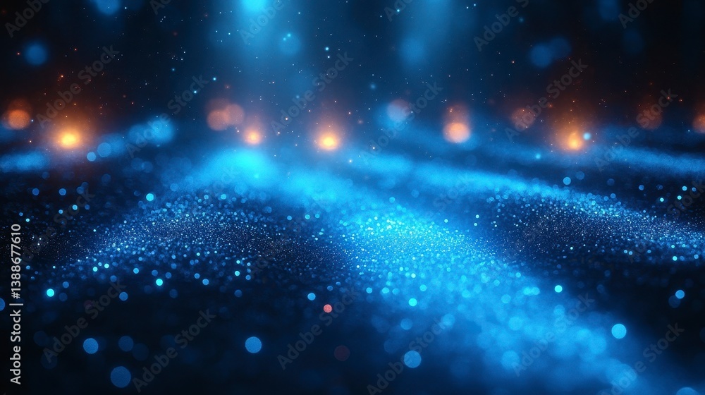 Fototapeta premium Shimmering blue particle waves with orange light dots on a dark background