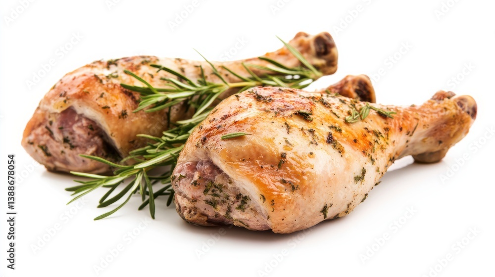 Grilled Chicken Drumsticks with Fresh Rosemary Sprigs on White Background Grilled Chicken Drumsticks with Fresh Rosemary Sprigs on White Background