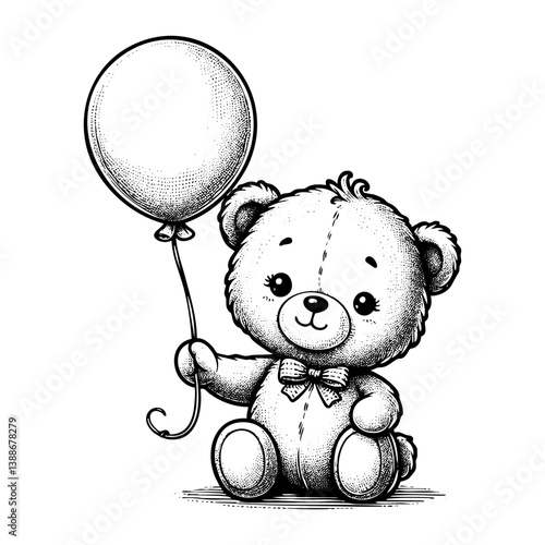 Teddy bear fly holding balloon sketch engraving black and white outline. Scratch board imitation.  illustrated in vintage line art style on a white background.