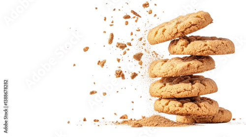 Scattered pile of freshly baked gingersnap cookies with cinnamon dust trailing and falling against a plain background creating a rustic autumnal and delicious scene