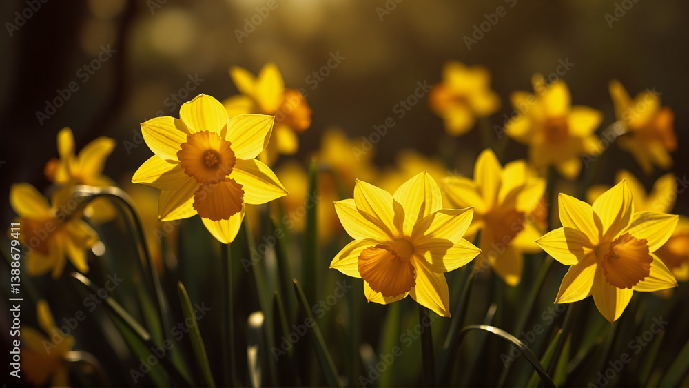 Obraz premium Radiant yellow daffodils bask in warm sunlight, their vibrant petals glowing against a softly blurred green backdrop. Spring blooms in full glory.