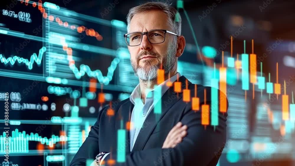 Visionary Trader: A composed financial analyst contemplates market trends against a backdrop of dynamic stock charts, embodying expertise and strategic foresight. Visionary Trader: A composed financial analyst contemplates market trends against a backdrop of dynamic stock charts, embodying expertise and strategic foresight.
