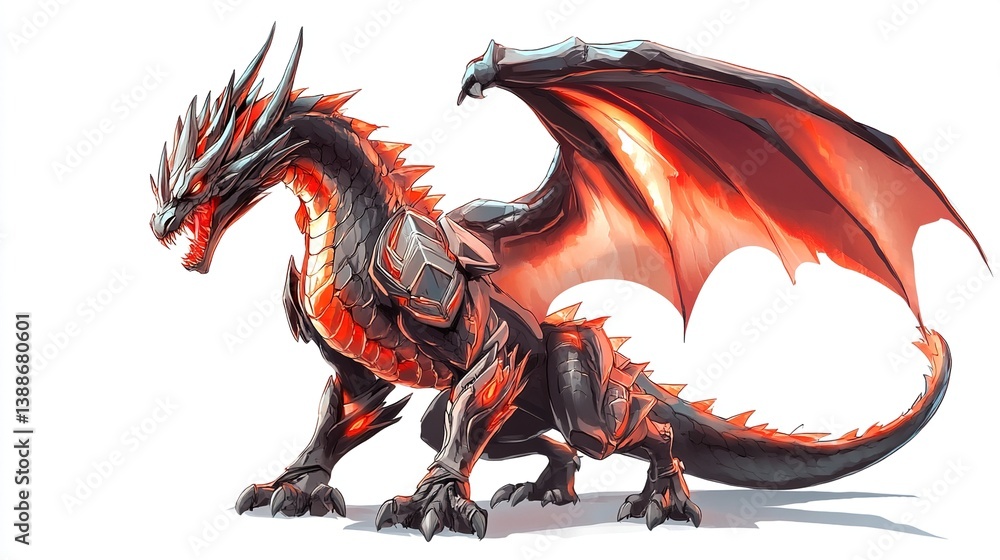 Fiery black dragon with glowing red accents. Fiery black dragon with glowing red accents.