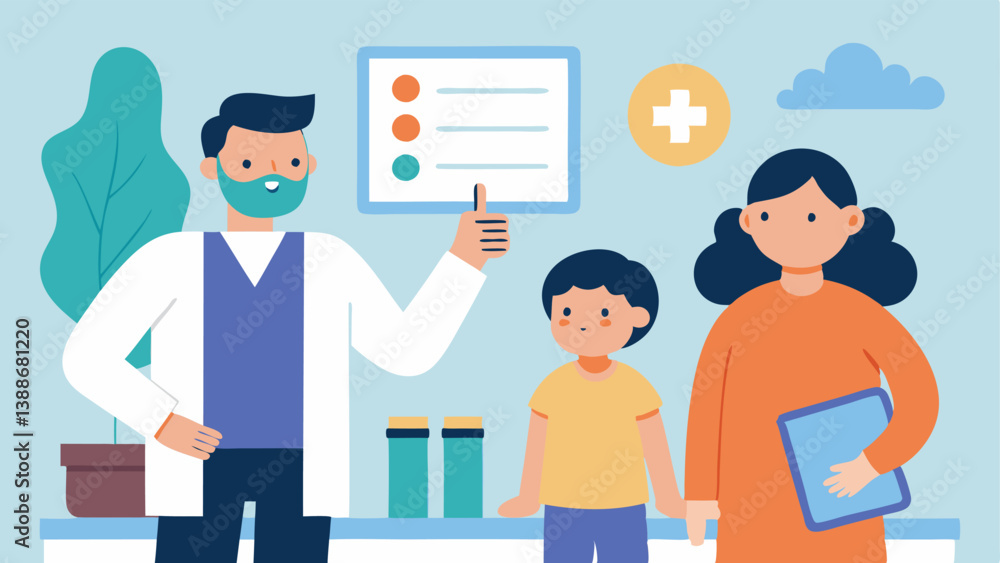 Obraz premium Health Impact A family at a doctors office with a doctor pointing to a chart showing high asthma rates while the background contains posters about pollution indicating health