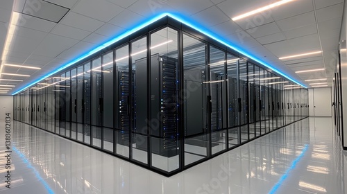 Clean Data Center Interior Featuring Server Racks and Lighting