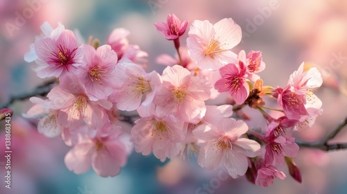 Delicate cherry blossoms in full bloom, their soft pink petals a vision of springtime serenity, creating a picturesque scene of nature's gentle beauty.