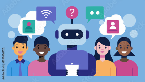 Community Interaction A group of diverse users interacting with a digital community forum guided by a chatbotlike robot that answers questions about investments and roboadvisors.