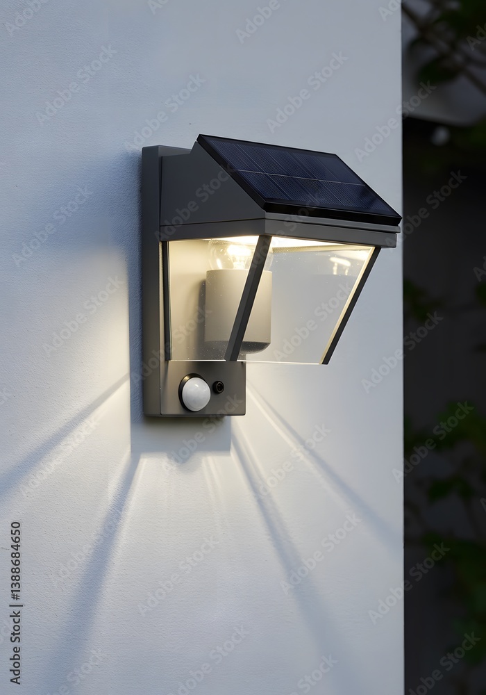 Decorative solar powered energy light installed on the wall with sun light, LED bulb, motion sensor, industrial aesthetic Solar powered outdoor wall light, modern design,glass enclosure,
