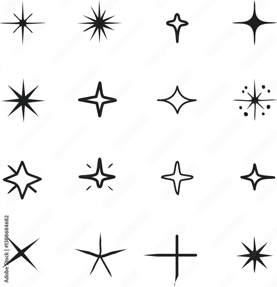 Shine or sparkle vector set of eighteen various stars in black color on white background.