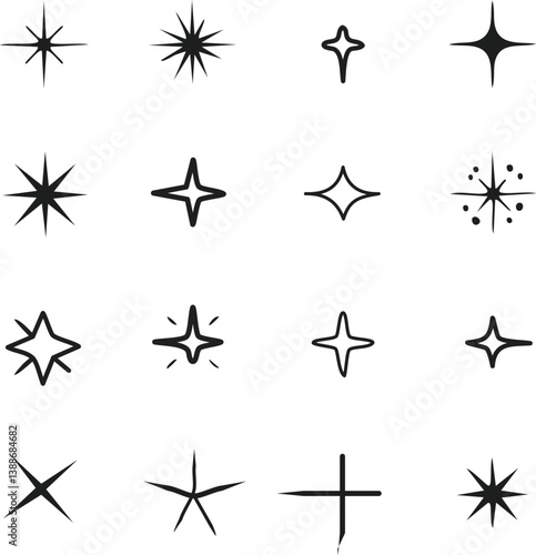 Obraz na płótnie Shine or sparkle vector set of eighteen various stars in black color on white background. w salonie