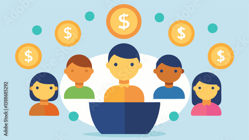 Diverse Donors A diverse set of individuals from different backgrounds contributing small amounts of money represented by coins or digital currency symbols going into a collective