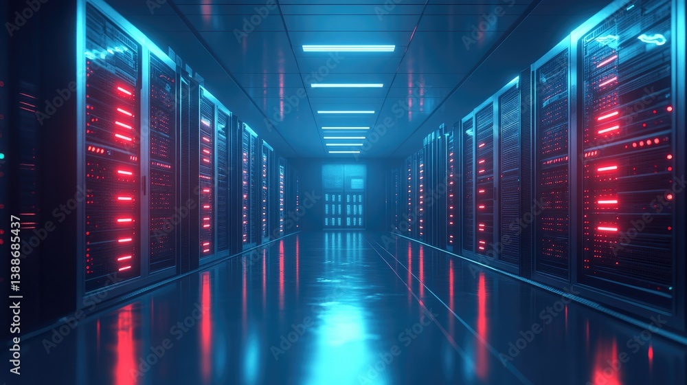 Fototapeta premium A hallway filled with data center servers in a futuristic style