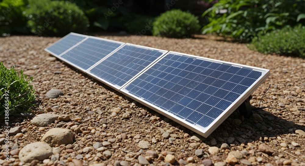 sustainable energy, solar panel in the house garden, Small solar panels, pebbles, outdoor setting, sunlight,rocky ground, eco-friendly technology,