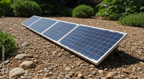 Obraz na płótnie sustainable energy, solar panel in the house garden, Small solar panels, pebbles, outdoor setting, sunlight,rocky ground, eco-friendly technology,
w salonie