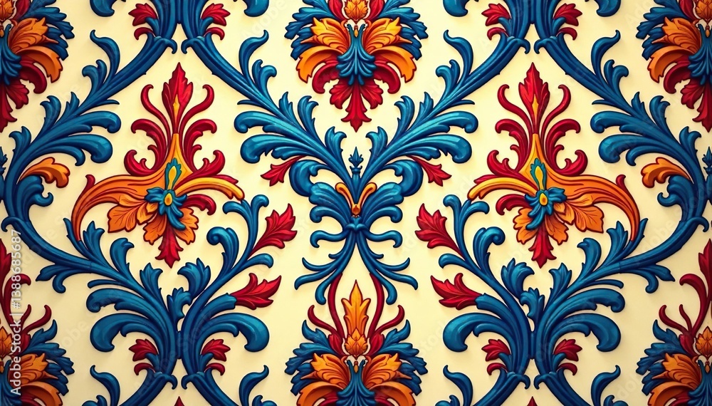 Symmetrical arabesque damask pattern with swirling lines and shapes, decor, design, graphics Symmetrical arabesque damask pattern with swirling lines and shapes, decor, design, graphics