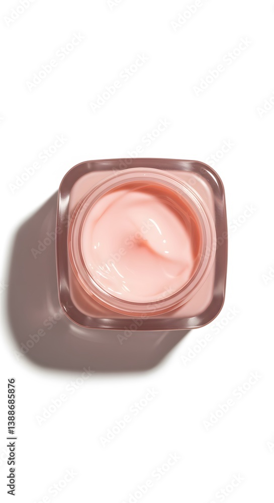 pink cosmetic cream, lotion beauty skincare cream cosmetic in the bottle top view,skincare product, soft texture, peach-colored moisturizer, beauty treatment,Overhead view, square container,