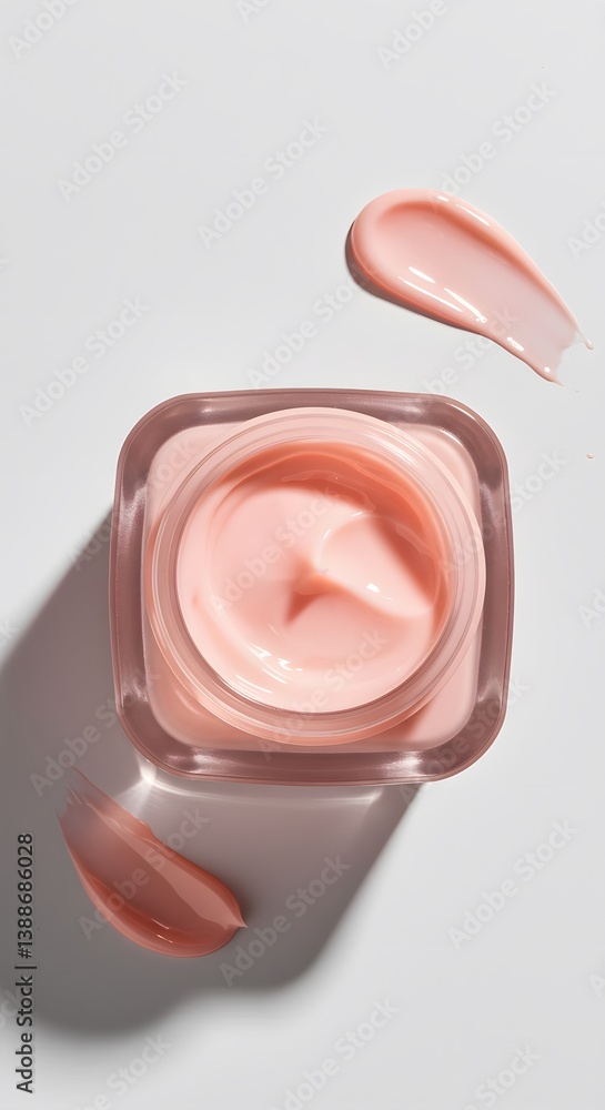 pink cosmetic cream, lotion beauty skincare cream cosmetic in the bottle top view,skincare product, soft texture, peach-colored moisturizer, beauty treatment,Overhead view, square container,