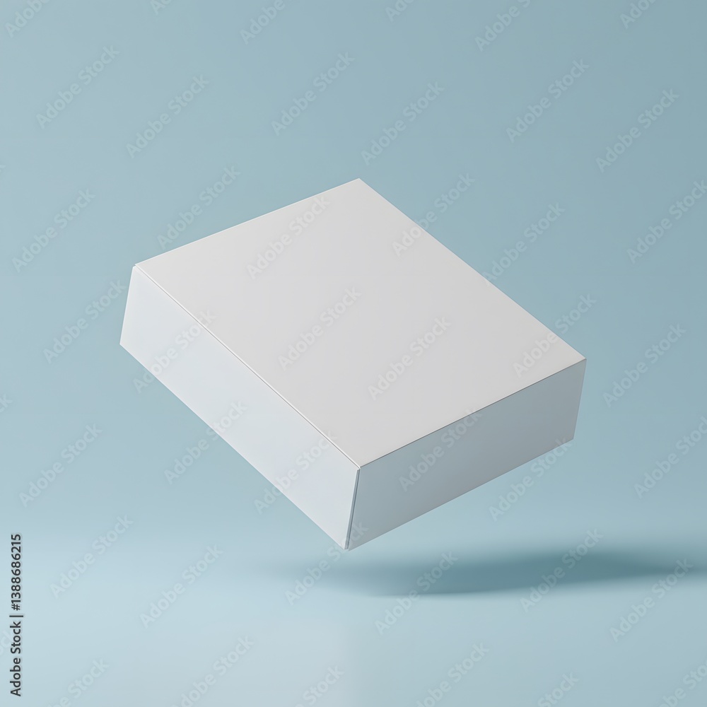 floating in space, light blue background, Mockup white box float on blue background, White cardboard box, minimalist design,