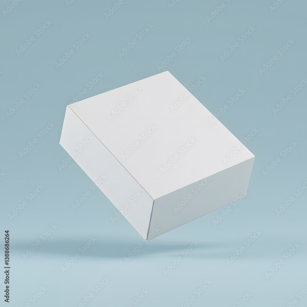 floating in space, light blue background, Mockup white box float on blue background, White cardboard box, minimalist design,