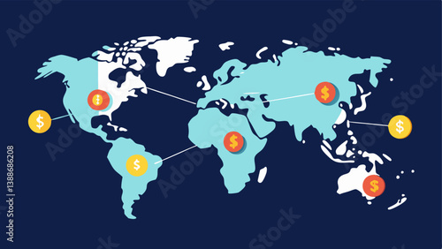 Obraz na płótnie Global Connection Map A world map with digital connections showing a few countries lit up with wealth while others are dimmed illustrating the global disparities created by w salonie