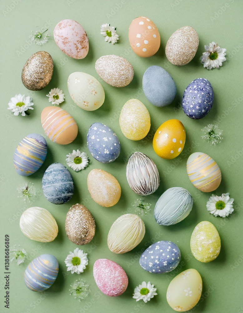 An elegant and inviting Easter flatlay composition set on a soft pastel green background. A variety of beautifully decorated Easter eggs are artfully arranged. An elegant and inviting Easter flatlay composition set on a soft pastel green background. A variety of beautifully decorated Easter eggs are artfully arranged.