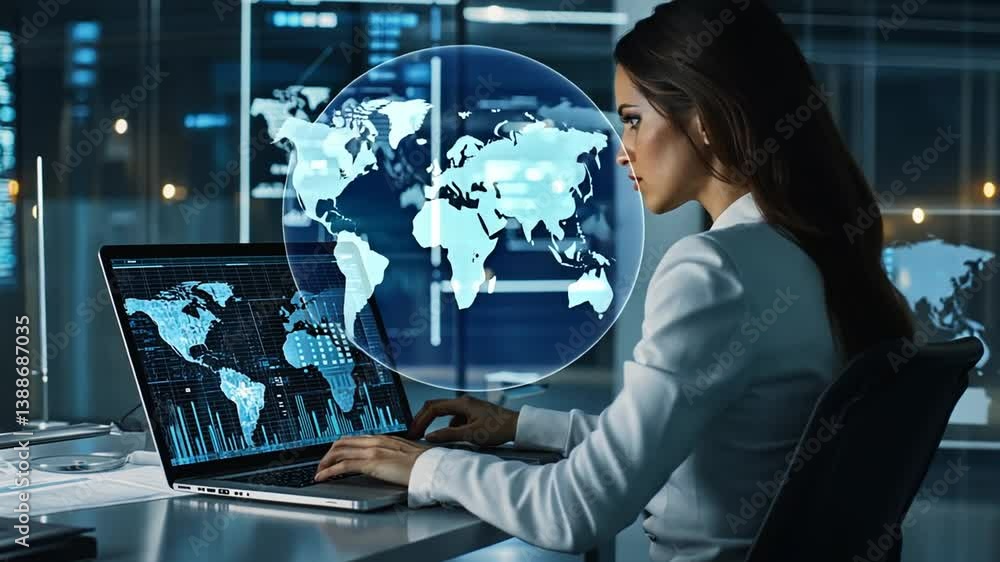 Focused female analyst interpreting world data using advanced software application Focused female analyst interpreting world data using advanced software application