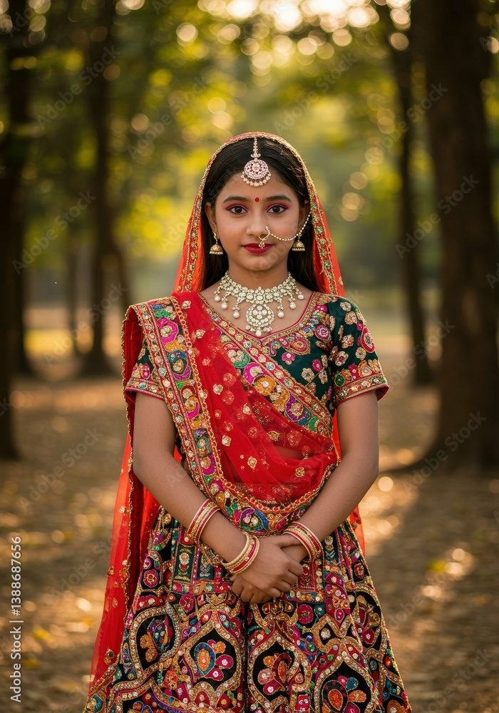 Fototapeta premium Traditional Indian Attire in Forest Setting with Intricate Embroidery and Sunlit Background