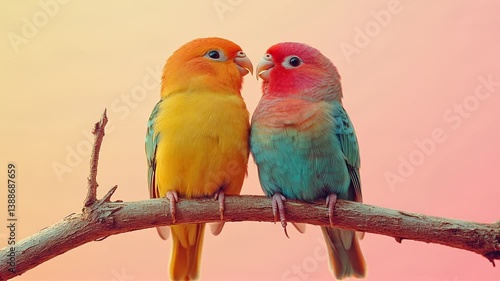 Two colorful lovebirds sitting closely on a natural wooden branch, with a dreamy pastel sky in the background. Suitable for marketing or business purposes