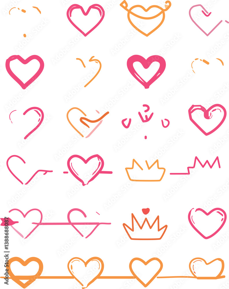 Line shape marker underline, arrow, heart brush element set. Hand drawn sketch marker