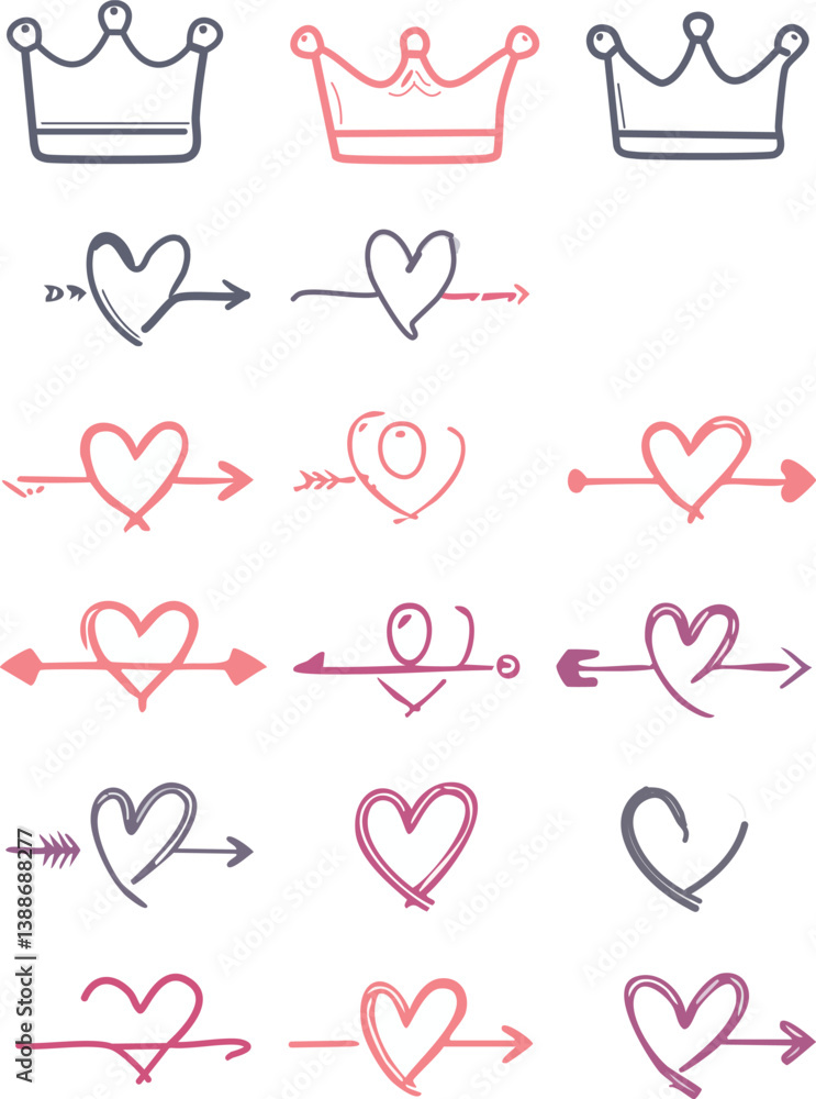 Line shape marker underline, arrow, heart brush element set. Hand drawn sketch marker