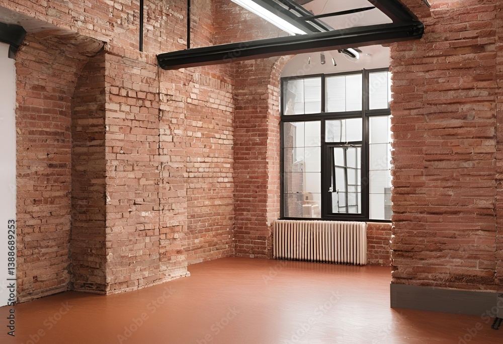 Fototapeta premium Interior space constructed with red bricks, showcasing a warm, rustic charm and industrial-inspired atmosphere. 