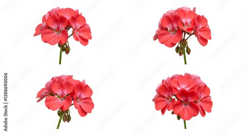 Naklejka premium Four isolated geranium flower bouquets against a crisp white background display