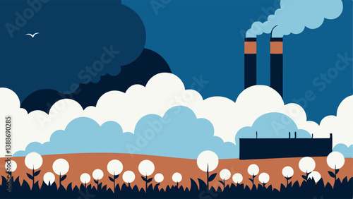 Factory Smoke A depiction of a large factory belching dark smoke into the sky surrounded by cotton fields demonstrating the harmful emissions from clothing production.