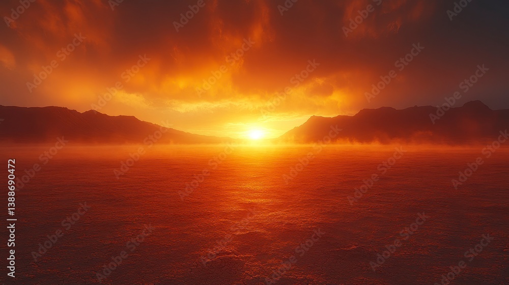 Fiery sunset. Water reflects the sun, silhouetted land, dramatic clouds fill the sky Fiery sunset. Water reflects the sun, silhouetted land, dramatic clouds fill the sky