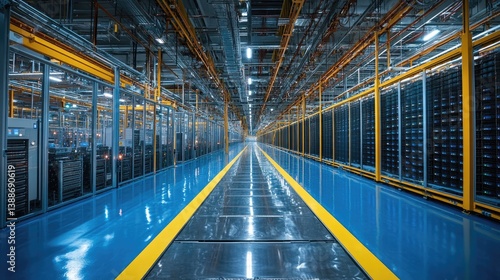 Interior view of a large industrial data center hallway