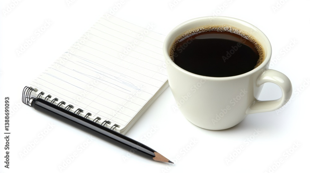 Freshly Brewed Coffee with Notepad and Pencil on White Background Freshly Brewed Coffee with Notepad and Pencil on White Background