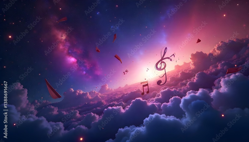 Fototapeta premium A mystical cosmic musical background featuring floating musical notes amidst a vibrant galaxy of stars and nebulae