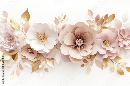 Artistic floral arrangement featuring paper flowers and gold accents